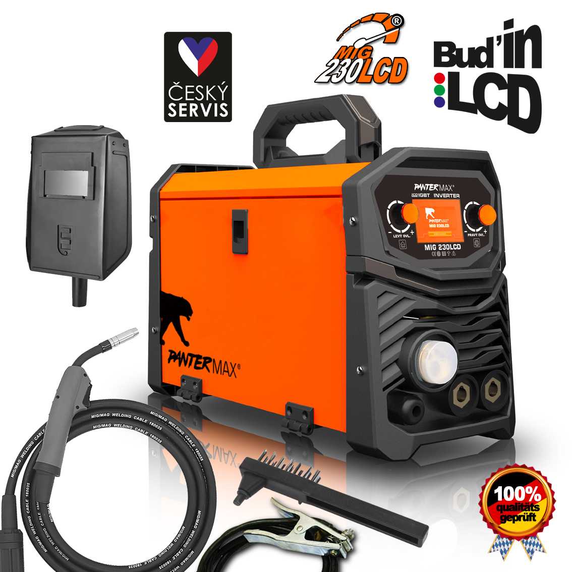 PANTERMAX MIG230LCD invertorová svářečka MIG/TIG/MMA + Kabely + Hořák + Kartáč PMMIG230LCD