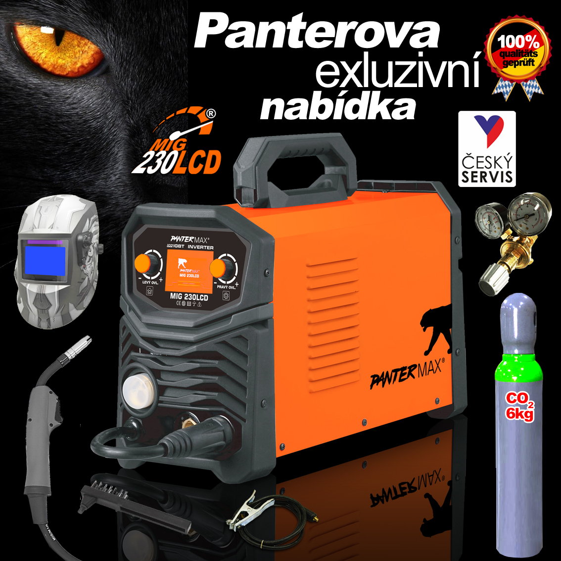 PANTERMAX MIG230LCD invertorová svářečka MIG/TIG/MMA + Kukla + Red. Ventil + Co2 Láhev + Hořák + Kabely + Kartáč PMMIG230LCD_S08