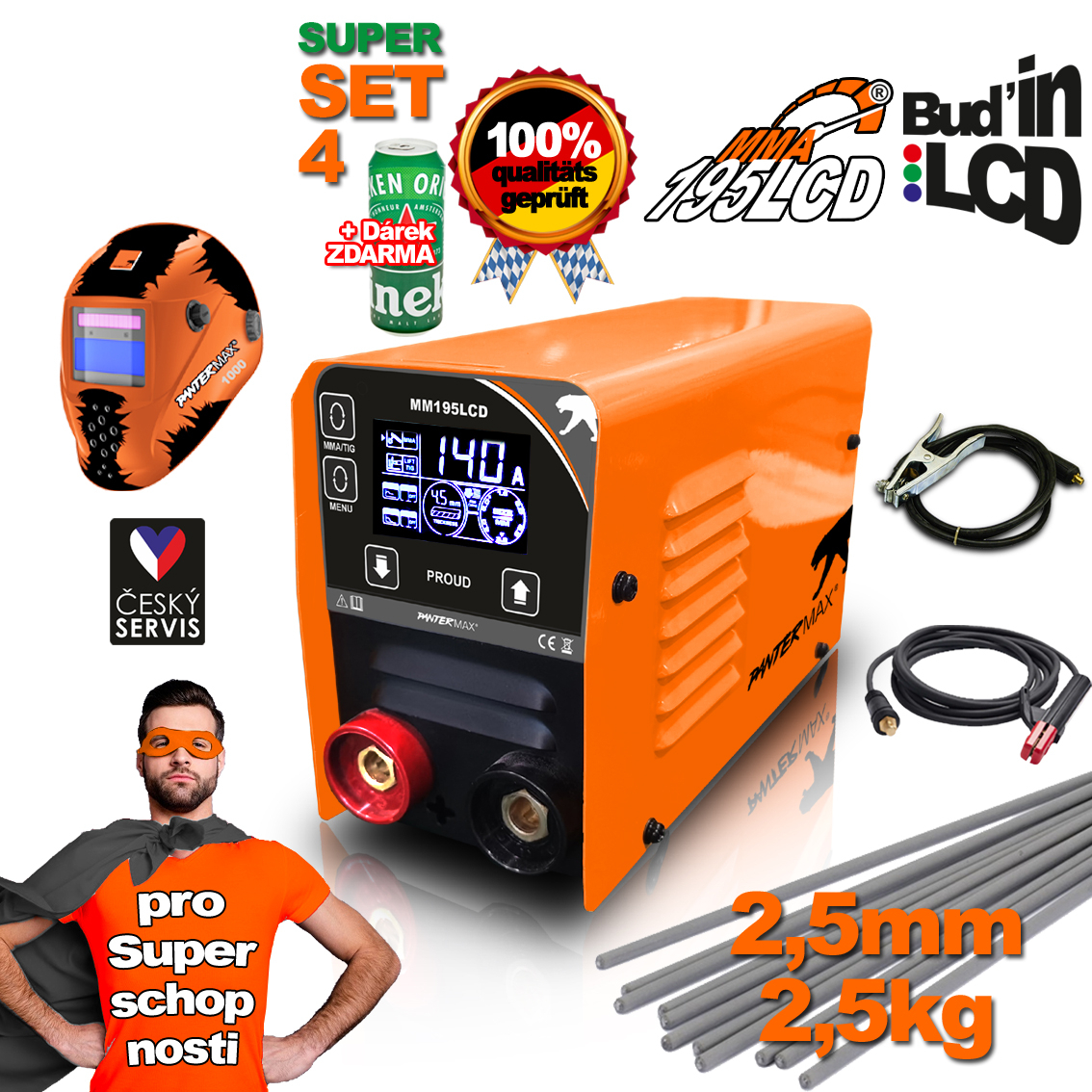 PANTERMAX MMA195LCD invertorová svářečka MMA/TIG + Kabely 1.5m + Kukla + Kartáč + Elektrody 2