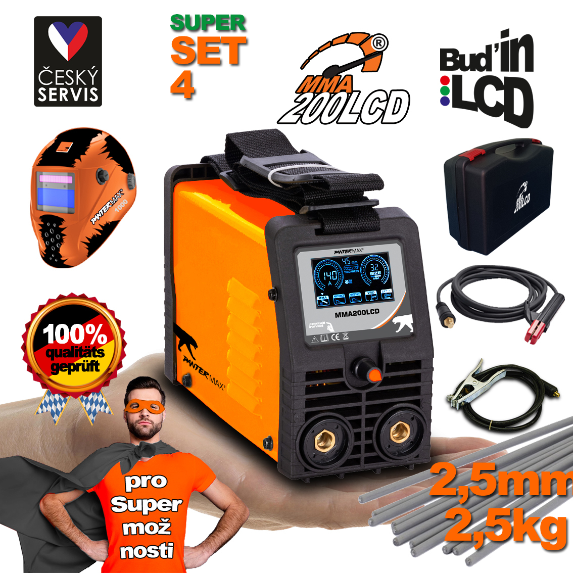 PANTERMAX MMA200LCD invertorová svářečka MMA/TIG + Kabely 2m + Kukla + Plastový Kufr + Elektrody 2.5kg PMMMA200LCD_S04