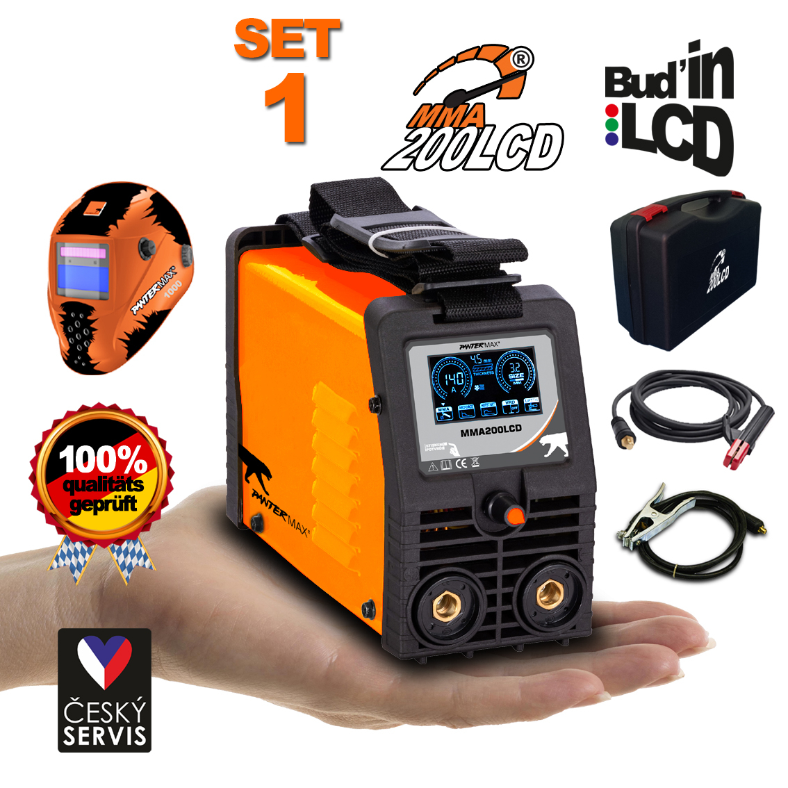 PANTERMAX MMA200LCD invertorová svářečka MMA/TIG + Kabely 2m + Kukla + Plastový Kufr PMMMA200LCD_S01