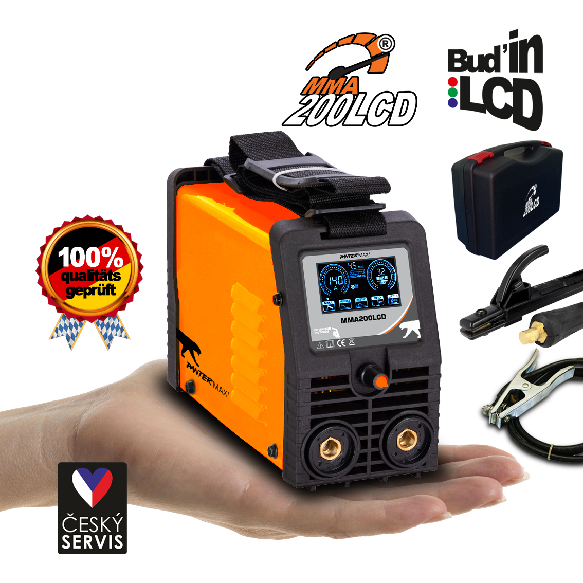 PANTERMAX MMA200LCD invertorová svářečka MMA/TIG + Kabely 2m + Plastový Kufr PMMMA200LCD