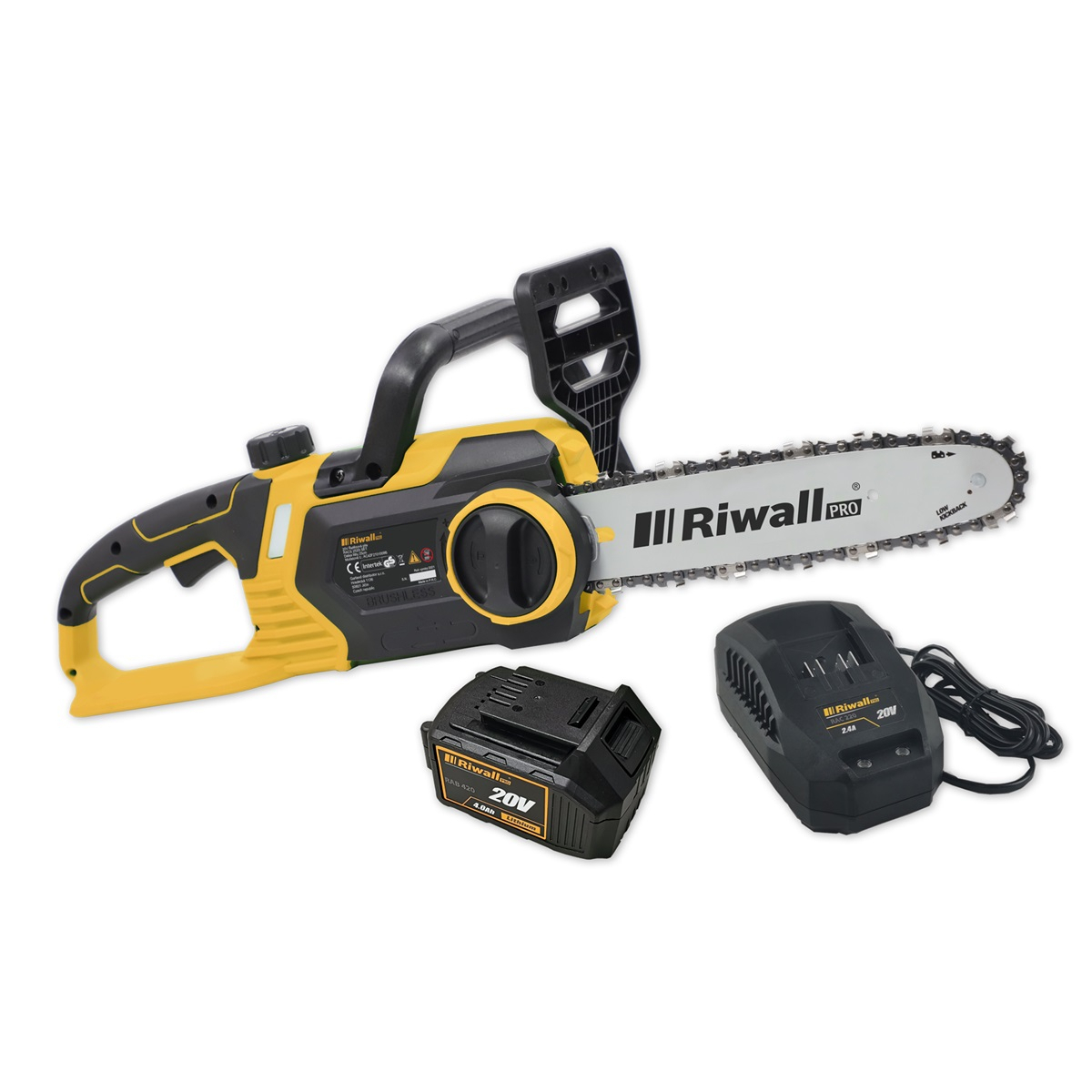 Riwall PRO RACS 2520i SET aku řetězová pila 20 V s bezuhlíkovým motorem + 4Ah baterie + nabíječka AC42F2101009B