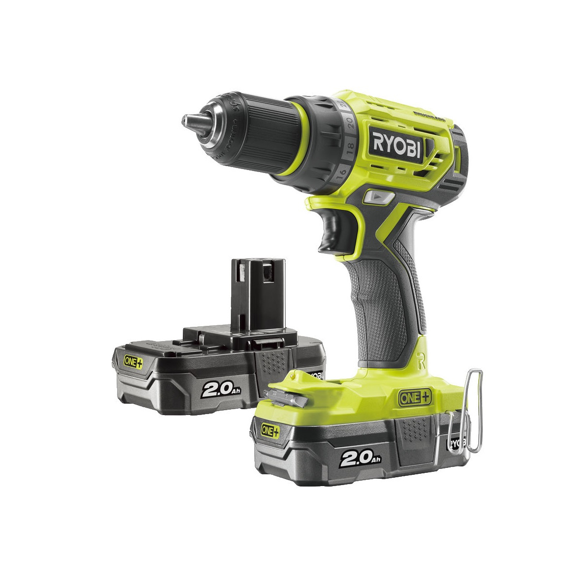 Ryobi R18DD7-220S aku bezuhlíkový 18 V šroubovák/vrtačka + 2x 2Ah baterie + nabíječka ONE+ 5133004533