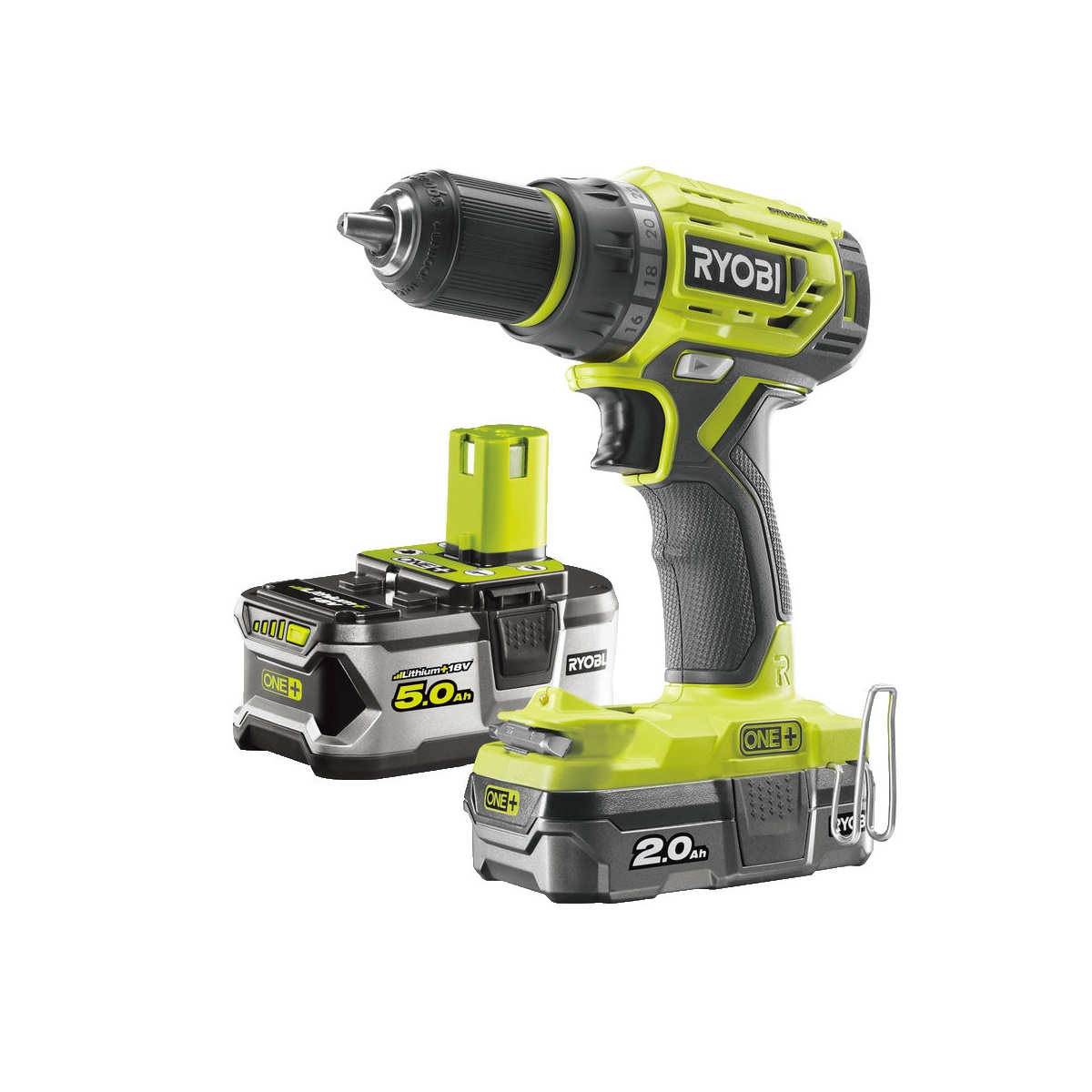 Ryobi R18DD7-252S aku bezuhlíkový 18 V šroubovák/vrtačka + 1x 2Ah + 1x 5Ah baterie + nabíječka ONE+ 5133004534