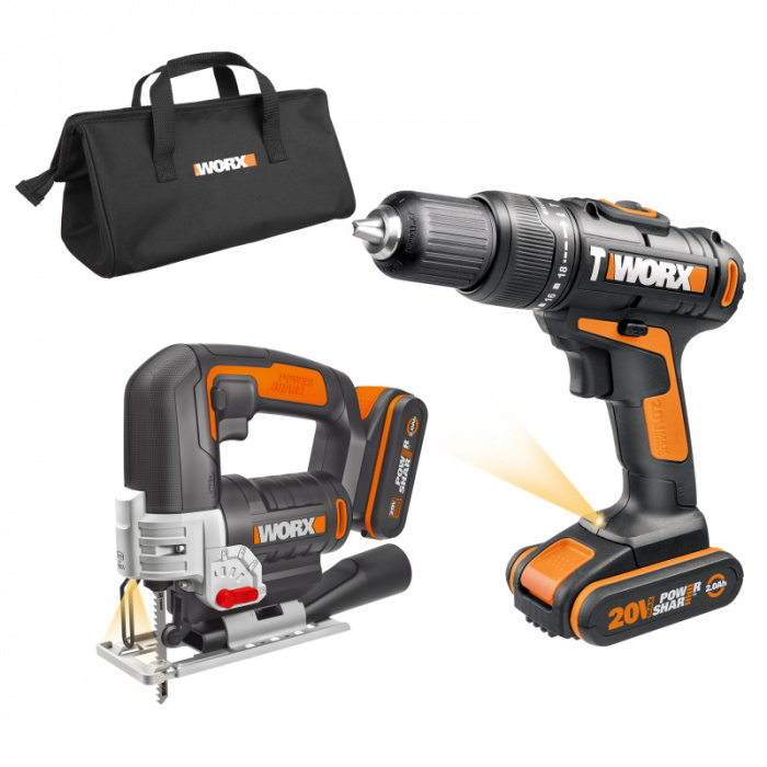 WORX Orange WX967 - Aku příklepová vrtačka a aku přímočará pila 20V